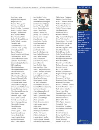 ANEXOS
149PÁGINA
ESTRATEGIA BOLIVIANA DE TECNOLOGÍAS DE LA INFORMACIÓN Y LA COMUNICACIÓN PARA EL DESARROLLO
ANEXO 1
LEYES Y DECRETOS
ANEXO 2
LOS ACTORES TIC
ANEXO 3
LISTA GENERAL DE
PARTICIPANTES
ANEXO 4
LAS INSTITUCIONES Y
ORGANIZACIONES
ASISTENTES
Ana Pinto Layme
Angel Mamani Aguirre
Angel Camacho
Antonio Pinto Aguirre
Ariel Cornejo Michel
Beatriz Condori Fernández
Beatriz Gutiérrez Flores
Benigno Castillo Pérez
Boris Mondaca Ortiz
Brisa Vilacahua Veliz
Carlos Medinaceli Gómez
Carlos Velarde Lazcano
Carmelo Calle
Constantina Ruiz Cruz
Consuelo Erazo Quiroga
Cristina Largo León
Daniel Villafuerte
David Sempértegui Gómez
David Ortuño Chicchi
Deborah Guerra Navarro
Demetrio Bustamante C.
Dionicio Delgado Tejerina
Edelmira Copa
Edson Ortega Reyes
Edson Quevedo Mamani
Eduardo Ballesteros
Edwin Medina Cortés
Edwin Cárdenas Benítez
Eleuterio Mamani Avillo
Elizabeth Condori Ruiz
Elizabeth Galeón Ereño
Emerson Arando Quispe
Emma Camacho Huaranca
Ernesto Medrano Guerra
Felix Mamani Choquerive
Felix Miguez Franco
Fernando Rojas Crespo
Fidelia Avilés Gómez
Florinda Coro Cárdenas
Franco Camargo Gómez
Fulvio Calle Almaraz
Gabriel Gareca
Germán Matos
Grover Ugarte La Torre
Guido Cortez Loayza
Hector Terán Terán
Hugo Azurduy Reyes
Ingrid Coila Alvarez
Isaias Gomes Sarabia
Iver Medina Corico
Jaime Zambrana Chacón
Janeth Renteria Enríquez
Janette Condori Quispe
Janette Vilacahua Veliz
Jheny Díaz de Oropeza
Jhonn Plata Chalar
Jhonny Condori Aiza
Jhonny Ecos Huayhuata
Jhonny Janco Carvajal
Jhuly Gonzales Jara
Jorge Peláez Dueñas
Jorge Salinas Zárate
José Poma Bravo
José Janco Pérez
Josefina Gonzales
Juan Revollo Valencia
Juan Carlos Chumacero
Juan Carlos Sanabria
Juan Flores Flores
Juan Reynaldo Molina
Juan Villafuerte
Juan De Usín Rojas
Juan Mendoza Cejas
Juana Churquina Tejerina
Judith Camacho Huaranca
Julia Delgado Castillo
Justina Quelconi Limachi
Karla Sierra Enriquez
Littsy Arando Mérida
Liz Nina Almendras
Lourdes Vilacahua Veliz
Lucinda Mamani Cardona
Luis Barrón Leytón
Marco Vásquez Roncal
María Caro Colque
María Espinoza Machaca
María Matos Ortega
María Gonzales
María Benavides Sotelo
Mario Vargas Angelo
Mario Yana
Marisol Arapa Saavedra
Marleny Salinas Rivera
Martha Tito Cazon
Máximo Pedrazas P.
Mayda Alvarez Mollo
Miguel Quispe Miranda
Milton Salinas Fernández
Mirko Barral Cusipuma
Mónica Chacón Duran
Nancy Camacho Huanca
Nelly Flores Canizares
Nelson Moales Barrios
Nelzon Ventura López
Nicolasa Herrera
Nilan Lenis Maca
Norma Zambrana
Olga Huarachi Rodríguez
Omar Veliz Sánchez
Omar Gómez Coronado
Orlando Choque Ayma
Oscar Porco Quispe
Osvaldo Delgado Castro
Osvaldo Velásquez
Pablo Choque Vedia
Pedro Santalla Bejarano
Percy Romero Bernal
Raúl Quezada Montoya
René Zurita Doria
Ricardo Laures Escobar
Richard Zambrana Ugarte
Roberto Limachi
Rocío Soliz Valdez
Rodney León Martínez
Roger Arciénega Zegarra
Rosario Angulo
Rosemary Arias Vera
Rosemary Apaza Mamani
Rosemary Porco Cruz
Roxana Zambrana Ramírez
Ruriscky Barahona Sossa
Ruth Gómez Estrada
Samuel Ance Oña
Sandra Choque Cuno
Silvana Araujo Evaquez
Silveria Aramayo C.
Silverio Días Puma
Silvia Aguire Garabito
Sonia Veliz Pozo
Soraya Arias Vacaflores
Susana Bellido Ferrufino
Susana Vera
Teodoro Joneko G.
Teresa Alarcón Arana
Tiburcio Coro Flores
Tomás Albornoz
Víctor Calizaya Arias
 