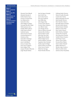 ESTRATEGIA BOLIVIANA DE TECNOLOGÍAS DE LA INFORMACIÓN Y LA COMUNICACIÓN PARA EL DESARROLLO
154PÁGINA
ANEXOS
ANEXO 1
LEYES Y DECRETOS
ANEXO 2
LOS ACTORES TIC
ANEXO 3
LISTA GENERAL DE
PARTICIPANTES
ANEXO 4
LAS INSTITUCIONES Y
ORGANIZACIONES
ASISTENTES
Eduardo Ávila Alberdi
Eduardo Morales B.
Emilio Muñuni Yuco
Ernesto Carvajal Tarifa
Eva Villavicencio
Everly De la Rua
Félix Melgar Gualajna
Fernando Revollo Callaú
Fidel Justiniano Vaca
Freddy Villán Cabezas
Frida Getecas Pareia
Gabriela Suárez
Gloria Ferreira Suárez
Gonzalo Bejarano N.
Hortencia Moy
Isaías Rivero Banegas
Iván Chivaco Mege
Javier Calá Ribera
Jessica Campos Rua
Jesús Arias Guagama
Jesús Melgar Cuba
Joaquín Paredes Villacorta
Jorge Miasaki Ibañez
José luis Eguez Hurtado
Juan Carlos Aya
Juan Carlos Franco
Juan José Sandoval
Juan Willy Mae
Julio Vargas Seho
Lorena Castro Álvarez
Luciano Moyo Yulanero
Luis Alberto Ayala
Luis Arteaga Arroyo
Marcia Cabrera eymond
Mariana Rea Córdova
Marisol Abán Candia
Mercedes Vaca Jahu
Miguel Rocha Zabala
Miriam Mejía García
Miriam William Lafuente
Napoleón Ruíz Hurtado
Nardys Aponte Melgar
Nelson Velasco Escalante
Omar Soruco Suárez
Pablo Paz Osinaga
Paola Heredia Moreno
Hellsing Antelo Herrera
Patricia Caraffa Alvarado
Guido Arias Catima
Rafael Masapaija Vacuob
Raúl Velardo Herrera
René Sánchez Velasco
Reynaldo Eguez Hurtado
Ricardo Suárez Banzer
Richard Suárez Velarde
Roberto Carlos Pinto
Rose Suárez Alvarez
Ruth Cholima Andrade
Sandra Pórcel Aponte
Sara Menacho Guzmán
Sarleth Chávez Guasico
Saúl Parque Arano
Tamara Arauz Soleto
Vicenta Pérez Pabelo
Víctor Callaú Libertad
Walter Palomino P.
Wendy López Guiteras
Wilson Cuellar Iriarte
Zamira Cortez Hayashida
 