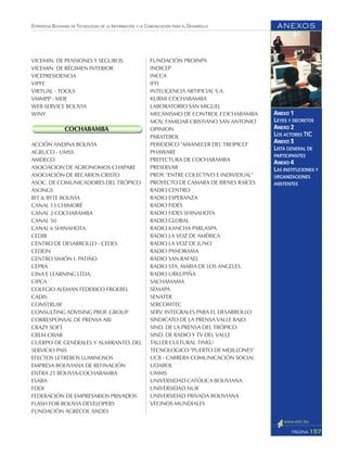 ANEXOS
157PÁGINA
ESTRATEGIA BOLIVIANA DE TECNOLOGÍAS DE LA INFORMACIÓN Y LA COMUNICACIÓN PARA EL DESARROLLO
ANEXO 1
LEYES Y DECRETOS
ANEXO 2
LOS ACTORES TIC
ANEXO 3
LISTA GENERAL DE
PARTICIPANTES
ANEXO 4
LAS INSTITUCIONES Y
ORGANIZACIONES
ASISTENTES
VICEMIN. DE PENSIONES Y SEGUROS
VICEMIN. DE RÉGIMEN INTERIOR
VICEPRESIDENCIA
VIPFE
VIRTUAL - TOOLS
VMMPP - MDE
WEB SERVICE BOLIVIA
WINY
COCHABAMBA
ACCIÓN ANDINA BOLIVIA
AGRUCO - UMSS
AMDECO
ASOCIACION DE AGRONOMOS CHAPARE
ASOCIACIÓN DE BECARIOS CRISTO
ASOC. DE COMUNICADORES DEL TRÓPICO
ASONGS
BIT & BYTE BOLIVIA
CANAL 13 CHIMORÉ
CANAL 2 COCHABAMBA
CANAL 50
CANAL 6 SHINAHOTA
CEDIB
CENTRO DE DESARROLLO - CEDES
CEDEIN
CENTRO SIMÓN I. PATIÑO
CEPRA
CINA E LEARNING LTDA.
CIPCA
COLEGIO ALEMAN FEDERICO FROEBEL
CADIS
CONSTRUIR
CONSULTING ADVISING PROF. GROUP
CORRESPONSAL DE PRENSA ABI
CRAZY SOFT
CREM CRIAR
CUERPO DE GENERALES Y ALMIRANTES DEL
SERVICIO PAIS
EFECTOS LETREROS LUMINOSOS
EMPRESA BOLIVIANA DE REFINACIÓN
ENTRA 21 BOLIVIA-COCHABAMBA
ESABA
FDDI
FEDERACIÓN DE EMPRESARIOS PRIVADOS
FLASH FOR BOLIVIA DEVELOPERS
FUNDACIÓN AGRECOL ANDES
FUNDACIÓN PROINPA
INDICEP
INCCA
IFFI
INTELIGENCIA ARTIFICIAL S.A.
KURMI COCHABAMBA
LABORATORIO SAN MIGUEL
MECANISMO DE CONTROL COCHABAMBA
MOV. FAMILIAR CRISTIANO SAN ANTONIO
OPINION
PARATEBOL
PERIODICO "AMANECER DEL TROPICO"
PHAWARE
PREFECTURA DE COCHABAMBA
PRESERVAR
PROY. "ENTRE COLECTIVO E INDIVIDUAL"
PROYECTO DE CAMARA DE BIENES RAÍCES
RADIO CENTRO
RADIO ESPERANZA
RADIO FIDES
RADIO FIDES SHINAHOTA
RADIO GLOBAL
RADIO KANCHA PARLASPA
RADIO LA VOZ DE AMÉRICA
RADIO LA VOZ DE JUNO
RADIO PANORAMA
RADIO SAN RAFAEL
RADIO STA. MARIA DE LOS ANGELES
RADIO URKUPIÑA
SACHAMAMA
SEMAPA
SENATER
SERCOMTEC
SERV. INTEGRALES PARA EL DESARROLLO
SINDICATO DE LA PRENSA VALLE BAJO
SIND. DE LA PRENSA DEL TRÓPICO
SIND. DE RADIO Y TV DEL VALLE
TALLER CULTURAL TINKU
TECNOLOGICO "PUERTO DE MEJILLONES"
UCB - CARRERA COMUNICACIÓN SOCIAL
UDABOL
UMMS
UNIVERSIDAD CATÓLICA BOLIVIANA
UNIVERSIDAD NUR
UNIVERSIDAD PRIVADA BOLIVIANA
VECINOS MUNDIALES
 