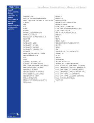 ESTRATEGIA BOLIVIANA DE TECNOLOGÍAS DE LA INFORMACIÓN Y LA COMUNICACIÓN PARA EL DESARROLLO
162PÁGINA
ANEXOS
ANEXO 1
LEYES Y DECRETOS
ANEXO 2
LOS ACTORES TIC
ANEXO 3
LISTA GENERAL DE
PARTICIPANTES
ANEXO 4
LAS INSTITUCIONES Y
ORGANIZACIONES
ASISTENTES
DAGANET - JSP
DELEGACIÓN ANTICORRUPCIÓN
DIREC. DISTRITAL DE EDUCACIÓN DE SAN
LORENZO
DPA
DTIC
ECAN
ECOVIA
EMPRESA DE GLP PIMENTEL
ESPERANZA BOLIVIA
FEDERACIÓN DE PROFESIONALES
FEDETERT
FSUCCT
FUNDACIÓN ACLO
FUNDACIÓN AUTAPO
FUNDACIÓN SINERGIA
FUNDACIÓN TARIJA DIGITAL
FUNDESA
GOBIERNO MUNICIPAL - TARIJA
HOTEL VIÑA DEL SUR
IIDA
JAINA
JUNTA VECINAL SAN JOSÉ
JUNTA VECINAL SAN MARTÍN
ORGANIZACIÓN “DIOGRACIO VIDES”
PARTICIPACIÓN CIUDADANA
PERIÓDICO “EL PAÍS”
CORTE SUPERIOR DE JUSTICIA
CONSEJO DE LA JUDICATURIA
PREFECTURA DE TARIJA
PRENSA RED UNITEL
PRODUCCIONES COMUNICATIVAS
PROHISABA
PROMETA
PRONUTAR
PROVENTUS SRL
PROYECTOS EDUCATIVOS SOS
PROYECTOS SIAS
RADIO “SENTIDO” FM 1007
RADIO DIFUSORA NUEVA ANDALUCIA
RADIO INTEGRACIÓN
RED DE GRUPOS CULTURALES
RYESOFT
SCAT
SEDAG
SEDES - TARIJA
SERVICIO NACIONAL DE CAMINOS
SENATER
SETAR
SIN
SINDICATO DE PRENSA CERCADO
SOBOCE SA
SITTEL
TEAPRO
TECNOFORT
TELESUR (REVISTA TV)
TRANSPORTE EXPRESO EL CHAPACO
UNIV. AUTONOMA JUAN MISAEL SARACHO
UNIV. JUAN MISAEL SARACHO - PERIODISMO
UNIV. JUAN MISAEL SARACHO-ECONOMÍA
UNIV. JUAN MISAEL SARACHO-INFORMATICA
UNIV. JUAN MISAEL SARACHO-DTIC
UNIV. JUAN MISAEL SARACHO - DERECHO
UNIV. CATÓLICA BOLIVIANA
VISION XXI
 