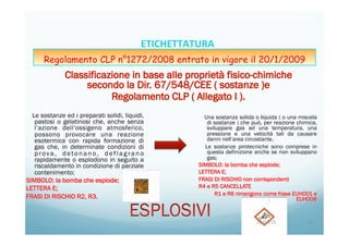 Le sostanze ed i preparati solidi, liquidi,
pastosi o gelatinosi che, anche senza
l’azione dell’ossigeno atmosferico,
possono provocare una reazione
esotermica con rapida formazione di
gas che, in determinate condizioni di
p rova , d eto n a n o , d e f l a g r a n o
rapidamente o esplodono in seguito a
riscaldamento in condizione di parziale
contenimento;
SIMBOLO: la bomba che esplode;
LETTERA E;
FRASI DI RISCHIO R2, R3.
Una sostanza solida o liquida ( o una miscela
di sostanze ) che può, per reazione chimica,
sviluppare gas ad una temperatura, una
pressione e una velocità tali da causare
danni nell’area circostante.
Le sostanze pirotecniche sono comprese in
questa definizione anche se non sviluppano
gas;
SIMBOLO: la bomba che esplode;
LETTERA E;
FRASI DI RISCHIO non corrispondenti
R4 e R5 CANCELLATE
R1 e R6 rimangono come frase EUH001 e
EUH006
20/04/15	
   31	
  
ETICHETTATURA	
  	
  	
  
Regolamento CLP n°1272/2008 entrato in vigore il 20/1/2009
 