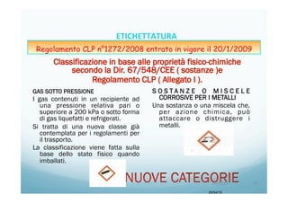 GAS SOTTO PRESSIONE
I gas contenuti in un recipiente ad
una pressione relativa pari o
superiore a 200 kPa o sotto forma
di gas liquefatti e refrigerati.
Si tratta di una nuova classe già
contemplata per i regolamenti per
il trasporto.
La classificazione viene fatta sulla
base dello stato fisico quando
imballati.
S O S T A N Z E O M I S C E L E
CORROSIVE PER I METALLI
Una sostanza o una miscela che,
per azione chimica, può
attaccare o distruggere i
metalli.
20/04/15
20/04/15	
   38	
  
ETICHETTATURA	
  	
  	
  
Regolamento CLP n°1272/2008 entrato in vigore il 20/1/2009
 