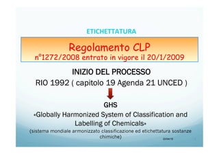 GHS
«Globally Harmonized System of Classification and
Labelling of Chemicals»
(sistema mondiale armonizzato classificazione ed etichettatura sostanze
chimiche)
INIZIO DEL PROCESSO
RIO 1992 ( capitolo 19 Agenda 21 UNCED )
20/04/15 4	
  
Regolamento CLP
n°1272/2008 entrato in vigore il 20/1/2009
ETICHETTATURA	
  	
  	
  
 