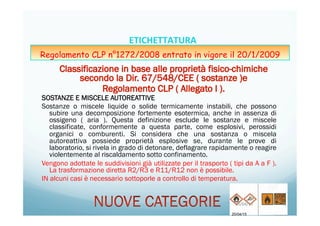 SOSTANZE E MISCELE AUTOREATTIVE
Sostanze o miscele liquide o solide termicamente instabili, che possono
subire una decomposizione fortemente esotermica, anche in assenza di
ossigeno ( aria ). Questa definizione esclude le sostanze e miscele
classificate, conformemente a questa parte, come esplosivi, perossidi
organici o comburenti. Si considera che una sostanza o miscela
autoreattiva possiede proprietà esplosive se, durante le prove di
laboratorio, si rivela in grado di detonare, deflagrare rapidamente o reagire
violentemente al riscaldamento sotto confinamento.
Vengono adottate le suddivisioni già utilizzate per il trasporto ( tipi da A a F ).
La trasformazione diretta R2/R3 e R11/R12 non è possibile.
IN alcuni casi è necessario sottoporle a controllo di temperatura.
20/04/15
20/04/15	
   41	
  
ETICHETTATURA	
  	
  	
  
Regolamento CLP n°1272/2008 entrato in vigore il 20/1/2009
 