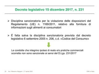 Avv. Massimo Alpigiani | 17 aprile 2020 CMS in Italia
Decreto legislativo 15 dicembre 2017, n. 231
29
➢ Disciplina sanzionatoria per la violazione delle disposizioni del
Regolamento (UE) n. 1169/2011, relativo alla fornitura di
informazioni sugli alimenti ai consumatori
➢ È fatta salva la disciplina sanzionatoria prevista dal decreto
legislativo 6 settembre 2005 n. 206, c.d. «Codice del Consumo»
Le condotte che integrino ipotesi di reato e/o pratiche commerciali
scorrette non sono sanzionate ai sensi del D.Lgs. 231/2017
 
