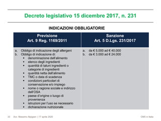 Avv. Massimo Alpigiani | 17 aprile 2020 CMS in Italia
Decreto legislativo 15 dicembre 2017, n. 231
33
Previsione
Art. 9 Reg. 1169/2011
Sanzione
Art. 5 D.Lgs. 231/2017
a. Obbligo di indicazione degli allergeni
b. Obbligo di indicazione di:
▪ denominazione dell’alimento
▪ elenco degli ingredienti
▪ quantità di taluni ingredienti o
categorie di ingredienti
▪ quantità netta dell’alimento
▪ TMC o data di scadenza
▪ condizioni particolari di
conservazione e/o impiego
▪ nome o ragione sociale e indirizzo
dell’OSA
▪ paese d’origine o luogo di
provenienza
▪ istruzioni per l’uso se necessario
▪ dichiarazione nutrizionale
a. da € 5.000 ad € 40.000
b. da € 3.000 ad € 24.000
INDICAZIONI OBBLIGATORIE
 
