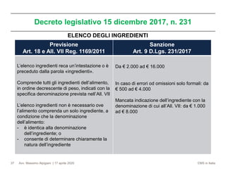 Avv. Massimo Alpigiani | 17 aprile 2020 CMS in Italia
Decreto legislativo 15 dicembre 2017, n. 231
37
Previsione
Art. 18 e All. VII Reg. 1169/2011
Sanzione
Art. 9 D.Lgs. 231/2017
L’elenco ingredienti reca un’intestazione o è
preceduto dalla parola «ingredienti».
Comprende tutti gli ingredienti dell’alimento,
in ordine decrescente di peso, indicati con la
specifica denominazione prevista nell’All. VII
L’elenco ingredienti non è necessario ove
l’alimento comprenda un solo ingrediente, a
condizione che la denominazione
dell’alimento:
- è identica alla denominazione
dell’ingrediente; o
- consente di determinare chiaramente la
natura dell’ingrediente
Da € 2.000 ad € 16.000
In caso di errori od omissioni solo formali: da
€ 500 ad € 4.000
Mancata indicazione dell’ingrediente con la
denominazione di cui all’All. VII: da € 1.000
ad € 8.000
ELENCO DEGLI INGREDIENTI
 