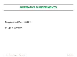 Avv. Massimo Alpigiani | 17 aprile 2020 CMS in Italia
NORMATIVA DI RIFERIMENTO
5
Regolamento UE n. 1169/2011
D. Lgs. n. 231/2017
 