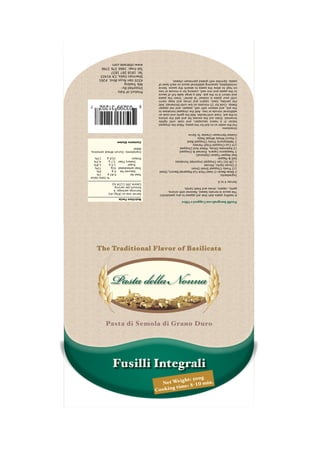 C ooking
                          time : 8-�� m
                    Net We
                            ight: 50    in.
                                     0g
                      Fusilli Integrali
                  Pasta di Semola di Grano Duro
                     Pasta della Nonna
           The Traditional Flavor of Basilicata
Fusilli Integrali con Capperi e Olive
                                                            Nutrition Facts
                                                            -----------------------------------------
A healthy pasta dish that will appeal to any pastaholic!    Server size oz (83g) dry
The sauce is tomato based, flavored with onions,            Servings package: 6
garlic, capers, olives and fresh herbs.                     Amount per serving
                                                            Calorie 290 (1234 kj)
Serves 4 to 6                                               -----------------------------------------
                                                                                     % Daily Value
Ingredients:                                                Total fat          0.83 g      1%
2 Slices Bacon (I Used Thick Cut Peppered Bacon), Diced         Satured Fat    0g          0%
1/2 Finely Chopped Small Onion                              Total carboidrated  61g        73%
2 Cloves Garlic, Minced                                         Sugar           1,5 g      1,8%
1 (28 Oz) Can Chopped Imported Tomatoes                         Dietary Fiber   3,7 g      4,5%
Salt & Pepper                                               Protein             10,8 g     13%
Red Pepper Flakes (Optional)
3 Teaspoons Capers, Drained & Chopped                       Ingredients: Durum Wheat semolina,
12 Kalamata Olives, Pitted And Chopped                      Water
1/4 Cup Chopped Fresh Parsley
3 Tablespoons Finely Chopped Basil                          Contains Gluten
1 Pound Whole Wheat Pasta
Grated Parmesan Cheese To Serve
Directions:
Put the water on to boil for the pasta. Place the chopped
bacon in a heavy saucepan, and cook until lightly
browned. Drain out the excess fat and add the onions
to the pot. Cook until tender. Add the garlic and cook an
additional minute or two. Add the chopped tomatoes to
the pot, and season with salt, pepper, and red pepper
flakes. Cook for 15 minutes on low until thickened. Add
the parsley, basil, capers and olives and keep warm
until your pasta is cooked “al dente”. Drain the pasta
and return it to the pot. Add a large ladle full of sauce
to the pasta and mix well, cooking for a minute or two      Product of Italy
on high to allow the pasta to absorb the sauce. Serve       Imported By:
immediately, spooning additional sauce on each bowl of      Nfa Trading
pasta. Sprinkle with grated parmesan cheese.                4335 Van Nuys Blvd. #261
                                                            Sherman Oaks, CA 91403
                                                            Tel. 1818 287 1837
                                                            Toll Free: 1866 376 3796
                                                            www.nfatrade.com
 