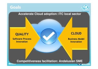 Goals
     Accelerate Cloud adoption: ITC local sector




   QUALITY                               CLOUD
 Software Process                      Business Model
    Innovation                           Innovation




    Competitiveness facilitation: Andalusian SME
 