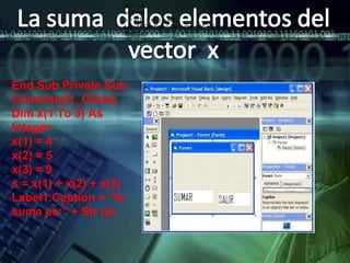 Private Sub Command1_Click() Dim x(1 To 3) As Integer x(1) = 4 x(2) = 5 x(3) = 9 s = x(1) + x(2) + x(3) Label1.Caption = "la suma es:" + Str(s) End Sub End Sub Private Sub Command1_Click() Dim x(1 To 3) As Integer x(1) = 4 x(2) = 5 x(3) = 9 s = x(1) + x(2) + x(3) Label1.Caption = "la suma es:" + Str (s) 