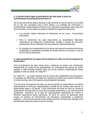 4. ¿Cuándo tendrá lugar la participación de cada actor y cómo se
concatenarán las participaciones entre sí?
Se vio que los eventos debían llevarse a cabo durante un día (el evento en la ciudad
de La paz fue concebido para 2 días debido a la cantidad de información y
conferencistas evidenciados) conforme a los calendarios generados para cada uno
de los eventos, en los cuales se pudieron detallar los siguientes elementos
• Los eventos debían abocarse al tratamiento de los cinco macro-temas
propuestos.
• Para el tratamiento de cada macro-tema se desarrollaron diferentes
mecanismos de interacción (conferencias, paneles y grupos de discusión,
presentación de los resultados de los grupos en sesiones plenarias).
• En paralelo con el tratamiento de los temas se buscaron presentar soluciones
sustentables a problemas concretos de interés común en el acceso y uso de
las TIC para el desarrollo.
5. ¿Qué participación se espera de los actores en cada uno de los espacios de
interacción?
Para el tratamiento de cada macro tema y subtemas se espero una contribución
trascendente por parte de los participantes, en condiciones de ejercer los varios
papeles o roles formales durante cada uno de los eventos a desarrollarse. Estos
papeles o roles se indican en Tabla Nº 1.
En Tabla Nº 1 se puede observar que el número de posibilidades de participación
en papeles de diferentes naturaleza fue elevado (Se estima que estarán abiertos a
lo menos treinta y tres (33) espacios de participación formales).
A fin de armar el programa de cada uno de los eventos ha desarrollarse, se solicitó
expresamente el concurso, disponibilidad e interés de los actores para ejercer un
determinado papel o rol formal. Como información de base se tomó en cuenta la
presentación de cada actor al inicio de la consulta preparatoria y sus intervenciones
posteriores. Asimismo, en el caso de organizaciones interesadas en mostrar y
transferir experiencia sobre soluciones, se tomó en cuenta su aplicación para
ocupar un espacio de demostración de soluciones sustentables a problemas
prácticos. Las reuniones previas a los eventos sirvieron de base para escoger a los
participantes claves de cada uno de los eventos.
11
 