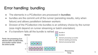 Error handling: bundling
● The elements in a PCollection are processed in bundles
● bundles are the commit unit of the runner (persisting results, retry when
failure) and allows parallelism between workers
● Division of the PCollection into bundles is an arbitrary choice by the runner
(size might depend on runner streaming or batch orientation)
● If a transform fails all the bundle is retried
Pardo: the processing of an
element within bundle B fails,
and another worker retries
the entire bundle
18
 
