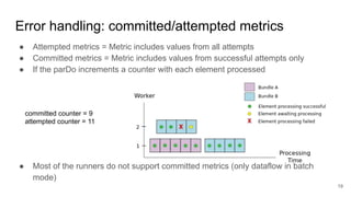 Error handling: committed/attempted metrics
● Attempted metrics = Metric includes values from all attempts
● Committed metrics = Metric includes values from successful attempts only
● If the parDo increments a counter with each element processed
● Most of the runners do not support committed metrics (only dataflow in batch
mode)
committed counter = 9
attempted counter = 11
19
 