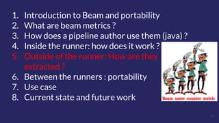 27
1. Introduction to Beam and portability
2. What are beam metrics ?
3. How does a pipeline author use them (java) ?
4. Inside the runner: how does it work ?
5. Outside of the runner: How are they
extracted ?
6. Between the runners : portability
7. Use case
8. Current state and future work
 