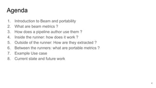 1. Introduction to Beam and portability
2. What are beam metrics ?
3. How does a pipeline author use them ?
4. Inside the runner: how does it work ?
5. Outside of the runner: How are they extracted ?
6. Between the runners: what are portable metrics ?
7. Example Use case
8. Current state and future work
Agenda
4
 
