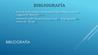 BIBLIOGRAFÍA
• Moore, K (2010) Anatomía con Orientación Clínica 6°ED Barcelona ED.
Lippincot, PP: 1056-1079
• Malamed SF (2006) Manual de Anestesia Local 5° ED España ED
Elsevier, PP: 170-184
 