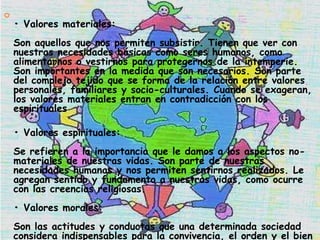 
    • Valores materiales:
    Son aquellos que nos permiten subsistir. Tienen que ver con
    nuestras necesidades básicas como seres humanos, como
    alimentarnos o vestirnos para protegernos de la intemperie.
    Son importantes en la medida que son necesarios. Son parte
    del complejo tejido que se forma de la relación entre valores
    personales, familiares y socio-culturales. Cuando se exageran,
    los valores materiales entran en contradicción con los
    espirituales

    • Valores espirituales:
    Se refieren a la importancia que le damos a los aspectos no-
    materiales de nuestras vidas. Son parte de nuestras
    necesidades humanas y nos permiten sentirnos realizados. Le
    agregan sentido y fundamento a nuestras vidas, como ocurre
    con las creencias religiosas.
    • Valores morales:
    Son las actitudes y conductas que una determinada sociedad
    considera indispensables para la convivencia, el orden y el bien
 