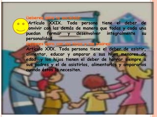 Artículo XXIX. Toda persona tiene el deber de
convivir con las demás de manera que todas y cada una
puedan formar y desenvolver integralmente su
personalidad.

Artículo XXX. Toda persona tiene el deber de asistir,
alimentar, educar y amparar a sus hijos menores de
edad, y los hijos tienen el deber de honrar siempre a
sus padres y el de asistirlos, alimentarlos y ampararlos
cuando éstos lo necesiten.
 