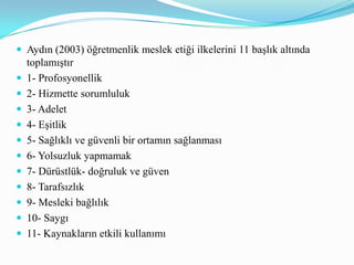 Bililim Teknolojileri Öğretmenliği Meslek Etiği“Bilişim Teknolojileri Öğretmeni Özel Alan Yeterlikleri”, 6 ana yeterlik ve 27 alt yeterlikten oluşmaktadır.Bunar öğretim sürecini ve ortamını tasarlama,planlama , düzenleme(3 alt yeterlik);teknolojik kavramlar ve uygulamalar (6 alt yeterlik),öğrenme-öğretme- program(4 alt yeterlik),gelişimi izleme ve değerlendirme (3 alt yeterlik). Okul aile toplum ilişkileri ,etik ve sosyal konular (8 alt yeterlik) ve mesleki gelişim (3 alt yeterlik).