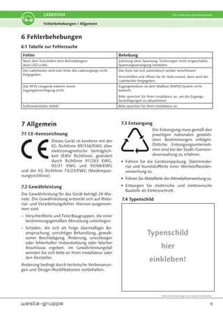 Technische Änderungen und Irrtümer vorbehalten.
9
LADEFOXX Die modulare Stromtankstelle
Fehlerbehebungen / Allgemein
6 Fehlerbehebungen
6.1 Tabelle zur Fehlersuche
Fehler Behebung
Nach dem Einschalten kein Betriebsbeginn
(kein LED Licht).
Zuleitung ohne Spannung, Sicherungen nicht eingeschaltet,
Spannungsversorgung herstellen.
Der Ladestecker wird zum Ende des Ladevorgangs nicht
freigegeben.
Das Auto hat sich automatisch wieder verschlossen.
Verschließen und öffnen Sie Ihr Auto erneut; dann wird der
Ladestecker freigegeben.
Das RFID Lesegerät erkennt meine
Zugangsberechtigung nicht.
Zugangsmedium ist dem Wallbox MIKRO-System nicht
bekannt.
Bitte sprechen Sie Ihren Installateur an, um die Zugangs-
berechtigungen zu aktualisieren.
Schlüsselschalter defekt Bitte sprechen Sie Ihren Installateur an.
7 Allgemein
7.1 CE-Kennzeichnung
Dieses Gerät ist konform mit der
EG Richtlinie 89/336/EWG über
elektromagnetische Verträglich-
keit (EMV Richtlinie), geändert
durch Richtlinie 91/263 EWG,
92/31 EWG und 93/68/EWG
und der EG Richtlinie 73/23/EWG (Niederspan-
nungsrichtlinie).
7.2 Gewährleistung
Die Gewährleistung für das Gerät beträgt 24 Mo-
nate. Die Gewährleistung erstreckt sich auf Mate-
rial- und Verarbeitungsfehler. Hiervon ausgenom-
men sind:
– Verschleißteile und Teile/Baugruppen, die einer
bestimmungsgemäßen Abnutzung unterliegen.
– Schäden, die sich als Folge übermäßiger Be-
anspruchung, unrichtiger Behandlung, gewalt-
samer Beschädigung, Änderung, unzulässiger
oder fehlerhafter Instandsetzung oder falscher
Anschlüsse ergeben. Im Gewährleistungsfall
wenden Sie sich bitte an Ihren Installateur oder
den Hersteller.
Änderung bedingt durch technische Verbesserun-
gen und Design-Modifikationen vorbehalten.
7.3 Entsorgung
Die Entsorgung muss gemäß den
jeweiligen nationalen gesetzli-
chen Bestimmungen erfolgen.
Örtliche Entsorgungsunterneh-
men sind bei der Stadt-/Gemein-
deverwaltung zu erfahren.
• Führen Sie die Gerätverpackung, Dämmmate-
rial und Kunststoffteile einer Wertstoffwieder-
verwertung zu.
• Führen Sie Metallteile der Altmetallverwertung zu.
• Entsorgen Sie elektrische und elektronische
Bauteile als Elektroschrott.
7.4 Typenschild
Typenschild
hier
einkleben!
 