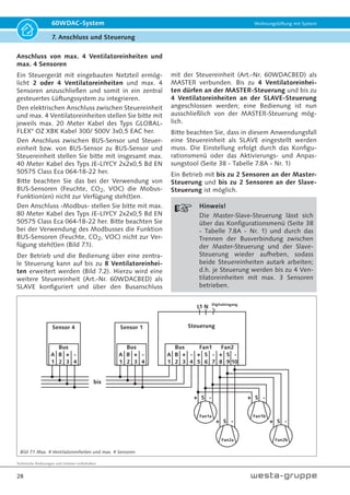 Technische Änderungen und Irrtümer vorbehalten.
25
60WDAC-System Wohnungslüftung mit System
6. Montage
31. Montieren Sie das Wandgitter am Bauwerks-
körper mit geeignetem Befestigungsmaterial.
Hinweis:
Das Wandgitter erfüllt nicht die Funk-
tion eines Wetterschutzes. Als Wetter-
schutz sind bauseitige Maßnahmen vor-
zusehen.
Hinweis:
Raumklima- und witterungs-
bedingt kann es zu Kondens-
wasseraustritt kommen. Der
Überstand der Kondensatzunge ermög-
licht einen sichere Kondensabführung.
ACHTUNG!
Um eine sichere Kondensatabführung
zu gewährleisten, ist der Kondensa-
taustritt von Verschmutzungen und
Verstopfungen jeglicher Art und Weise
frei zu halten.
Montage Technikpatrone:
Ausrichten an
Oberkante
Typenschild
Typenschild
waagerecht
32. Setzen Sie die Technikpatrone, inkl. der Filter
und Federringe in das Kunststoff-Wandrohr und
schieben dies vorsichtig bis zum Endanschlag
des Fassadenelementes/Laibungselementes.
Hinweis!
Die Technikpatrone ist mit einer Gehäu-
sehälfte nach oben und einer Gehäu-
sehälfte nach unten auszurichten. Das
Anschlusskabel der Technikpatrone liegt
linksseitig in der Kabelnut der unteren
Gehäusehälfte.
33. Verbinden Sie den 3-poligen Anschlussstecker
der Technikpatrone mit der 3-poligen Gehäuse-
einbaubuchse.
34. Setzen Sie den Schalldämmeinsatz ein.
Bild 6.30
Bild 6.31
Bild 6.32
Bild 6.29
 