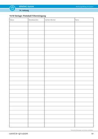 Technische Änderungen und Irrtümer vorbehalten.
56
60WDAC-System Wohnungslüftung mit System
14. Anhang
Produktdatenblatt gemäß Verordnung 1254/2014
Pkt. Beschreibung Wert
1 Lieferant Westaflexwerk GmbH
2 Modellkennung 60WDAC
3 SEC-Klasse kWh/m²a
kalt A+ -81,11
durchschnitt A -39,95
warm E -16,37
4 Lüftungstyp ZLG/ BVU
5 Antriebsart mehrstufig
6 Wärmerückgewinnungssystem regenerativ
7 Temperaturänderungsgrad in % 83
8 Luftvolumenstrom in m³/h 46
9 elektrische Eingangsleistung W 4,3
10 Schallleistungspegel Lwa - db(A) 40
11 Bezugs-Luftvolumenstrom in m³/h 32
12 Bezugs-Druckdifferenz in Pa 0
13 SEL in W/m³/h 0,09
14 Steuerungsfaktor 1,0
15 Innere und äußere Übertragung ./.
16 Mischquote ./.
17
Lage und Beschreibung der Filternzeige
Filterwechsel und Reinigungen sind für die Erhaltung der Geräteigen-
schaften unabdingbar!
Gerätesteuerung
(LED)
18
Anweisung zu regelbaren Zu- und Abluftgittern an der Fassade
(nur Einrichtungs-LG)
19 Internetadresse ventilation.de
20 Druckschwankungsempfindlichkeit 0,8
21 Luftdichtigkeit zw. Innen und außen m³/h 0
22 Jährlicher Stromverbrauch kWh/m²a 1,24
23
jährliche Energieeinsparung Heizenergie
kWh/m²a
kalt 84,21
durchschnitt 43,04
warm 19,47
14.7 Produktdatenblatt 60WDAC - 1,0 Steuerungsfaktor
./.
 