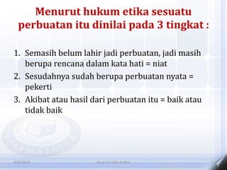 Menurut hukum etika sesuatu
perbuatan itu dinilai pada 3 tingkat :
1. Semasih belum lahir jadi perbuatan, jadi masih
berupa rencana dalam kata hati = niat
2. Sesudahnya sudah berupa perbuatan nyata =
pekerti
3. Akibat atau hasil dari perbuatan itu = baik atau
tidak baik
8/30/2010 Revisi 01 Etika Profesi 7
 