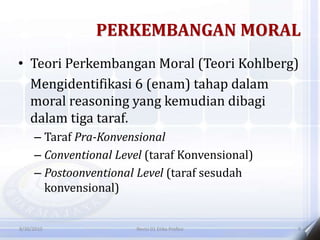PERKEMBANGAN MORAL
• Teori Perkembangan Moral (Teori Kohlberg)
Mengidentifikasi 6 (enam) tahap dalam
moral reasoning yang kemudian dibagi
dalam tiga taraf.
– Taraf Pra-Konvensional
– Conventional Level (taraf Konvensional)
– Postoonventional Level (taraf sesudah
konvensional)
8/30/2010 Revisi 01 Etika Profesi 9
 