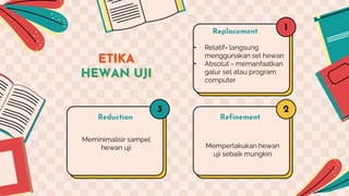 ETIKA
HEWAN UJI
Reduction
Meminimalisir sampel
hewan uji
Replacement
• Relatif= langsung
menggunakan sel hewan
• Absolut = memanfaatkan
galur sel atau program
computer
Refinement
Memperlakukan hewan
uji sebaik mungkin
1
2
3
 