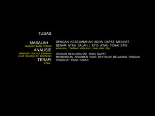 TUGAS

         MASALAH             DENGAN KESEJARAHAN ANDA DAPAT MELIHAT
     PEMERINTAHAN TERKINI    BENAR ATAU SALAH / ETIS ATAU TIDAK ETIS
                             MISALNYA; TENTANG KORUPSI / LOKALISASI DSB
            ANALISIS
 MENGAPA TERJADI DEMIKIAN    DENGAN KESEJARAHAN ANDA DAPAT
LIHAT SEJARAH DI INDONESIA   MEMBERIKAN ARGUMEN YANG BERTOLAK BELAKANG DENGAN
               TERAPI        PENDAPAT PARA PAKAR
                    ETIKA
 