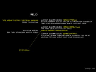 RELIGI

TIGA KARAKTERISTIK EKSISTENSI MANUSIA        MANUSIA DALAM KONDISI KETIDAKPASTIAN
                    TEORI FUNGSIONAL         BETAPAPUN BAIKNYA RENCANA MANUSIA PASTI MASIH ADA KEKECEWAAN -
                                             TANPA PENGEMDALIAN EMOSI AKAN MUNCUL LUKA YANG DALAM

                                             MANUSIA DALAM KONDISI KETIDAKBERDAYAAN
                                             TITIK KRITIS DIBUTUHKAN “MASALAH MAKNA”
                       “MASALAH MAKNA”       SANGKAN PARANING DUMADI MANUSIA
     BILA TANPA MAKNA MAKA NILAINYA RENDAH
                                             MANUSIA DALAM KONDISI BERMASYARAKAT
                                             SUB SISTEM - AGAMA DIPANDANG SEBAGAI MEKANISME YANG PALING
                                             MENDASAR TERHADAP UNSUR UNSUR YANG MENGECEWAKAN




                   DANDANGGULA




                                                                                                 THOMAS F. O’DEA
 
