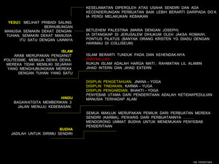 KESELAMATAN DIPEROLEH ATAS USAHA SENDIRI DAN ADA
                                  KECENDERUNGAN PERBUATAN BAIK LEBIH BERARTI DARIPADA DO’A
                                  IA PERGI MELAKUKAN KEBAIKAN
  YESUS MELIHAT PRIBADI SALING
                  BERHUBUNGAN
MANUSIA SEMAKIN DEKAT DENGAN      BETLEHEM PALESTINA (MARIA DENGAN JOSEPH)
 TUHAN, SEMAKIN DEKAT MANUSIA     IA DITANGKAP DI JERUSALEM DIHUKUM OLEH JAKSA ROMAWI,
       ITU SATU DENGAN LAINNYA    PONTIUS PILATUS (BANYAK ORANG KRISTEN YG DIADU DENGAN
                                  HARIMAU DI COLLISEUM)

                          ISLAM
     ARAB MERUPAKAN PENGANUT      ISLAM BERARTI TUNDUK PADA DAN KEHENDAK-NYA
POLITEISME, MEMUJA DEWA DEWA.     IINSYAALLAH
 MEREKA TIDAK MEMILIKI SEJARAH    RUKUN ISLAM ADALAH HARGA MATI ; RAHMATAN LIL ALAMIN
 YANG MENGHUBUNGKAN MEREKA        JIHAD INTERN DAN JIHAD EXTERN
       DENGAN TUHAN YANG SATU

                                  DISIPLIN PENGETAHUAN, JNANA – YOGA
                                  DISIPLIN TINDAKAN; KARMA – YUGA
                                  DISIPLIN PENGABDIAN; BHAKTI – YOGA
                                  PENYEBAB UTAMA DARI PENDERITAAN ADALAH KETIDAKPEDULIAN
                        HINDU     MANUSIA TERHADAP ALAM
    BAGAWATGITA MEMBERIKAN 3
      JALAN MENUJU KEBEBASAN:
                                  SEMUA MAKLUK MERUPAKAN PEMILIK DARI PERBUATAN MEREKA
                                  SENDIRI (KARMA), PEWARIS DARI PERBUATANNYA ………
                                  MENDORONG UMMAT BUDHA UNTUK MENEMUKAN PENYEBAB
                                  PENDERITAAN
                         BUDHA
   JADILAH UNTUK DIRIMU SENDIRI




                                                                                 100 PERISTIWA
 