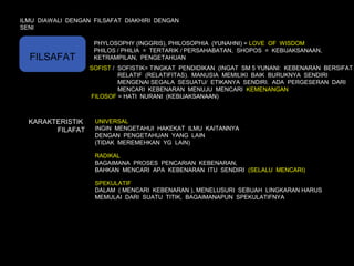 ILMU DIAWALI DENGAN FILSAFAT DIAKHIRI DENGAN
SENI

                    PHYLOSOPHY (INGGRIS), PHILOSOPHIA (YUNAHNI) = LOVE OF WISDOM
                    PHILOS / PHILIA = TERTARIK / PERSAHABATAN, SHOPOS = KEBIJAKSANAAN,
  FILSAFAT          KETRAMPILAN, PENGETAHUAN
                   SOFIST / SOFISTIK= TINGKAT PENDIDIKAN (INGAT SM 5 YUNANI: KEBENARAN BERSIFAT
                            RELATIF (RELATIFITAS). MANUSIA MEMILIKI BAIK BURUKNYA SENDIRI
                            MENGENAI SEGALA SESUATU/ ETIKANYA SENDIRI. ADA PERGESERAN DARI
                            MENCARI KEBENARAN MENUJU MENCARI KEMENANGAN
                   FILOSOF = HATI NURANI (KEBIJAKSANAAN)



  KARAKTERISTIK     UNIVERSAL
        FILAFAT     INGIN MENGETAHUI HAKEKAT ILMU KAITANNYA
                    DENGAN PENGETAHUAN YANG LAIN
                    (TIDAK MEREMEHKAN YG LAIN)

                    RADIKAL
                    BAGAIMANA PROSES PENCARIAN KEBENARAN,
                    BAHKAN MENCARI APA KEBENARAN ITU SENDIRI (SELALU MENCARI)

                    SPEKULATIF
                    DALAM ( MENCARI KEBENARAN ), MENELUSURI SEBUAH LINGKARAN HARUS
                                               ),
                    MEMULAI DARI SUATU TITIK, BAGAIMANAPUN SPEKULATIFNYA
 
