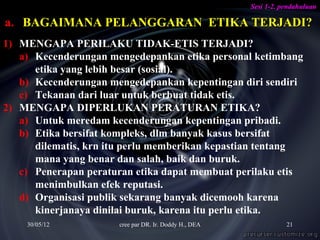 Sesi 1-2. pendahuluan

a. BAGAIMANA PELANGGARAN ETIKA TERJADI?
1) MENGAPA PERILAKU TIDAK-ETIS TERJADI?
   a) Kecenderungan mengedepankan etika personal ketimbang
      etika yang lebih besar (sosial).
   b) Kecenderungan mengedepankan kepentingan diri sendiri
   c) Tekanan dari luar untuk berbuat tidak etis.
2) MENGAPA DIPERLUKAN PERATURAN ETIKA?
   a) Untuk meredam kecenderungan kepentingan pribadi.
   b) Etika bersifat kompleks, dlm banyak kasus bersifat
      dilematis, krn itu perlu memberikan kepastian tentang
      mana yang benar dan salah, baik dan buruk.
   c) Penerapan peraturan etika dapat membuat perilaku etis
      menimbulkan efek reputasi.
   d) Organisasi publik sekarang banyak dicemooh karena
      kinerjanaya dinilai buruk, karena itu perlu etika.
    30/05/12          cree par DR. Ir. Doddy H., DEA              21
 