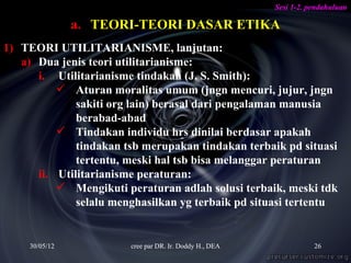 Sesi 1-2. pendahuluan

                a. TEORI-TEORI DASAR ETIKA
1) TEORI UTILITARIANISME, lanjutan:
   a) Dua jenis teori utilitarianisme:
      i. Utilitarianisme tindakan (J. S. Smith):
           Aturan moralitas umum (jngn mencuri, jujur, jngn
              sakiti org lain) berasal dari pengalaman manusia
              berabad-abad
           Tindakan individu hrs dinilai berdasar apakah
              tindakan tsb merupakan tindakan terbaik pd situasi
              tertentu, meski hal tsb bisa melanggar peraturan
      ii. Utilitarianisme peraturan:
           Mengikuti peraturan adlah solusi terbaik, meski tdk
              selalu menghasilkan yg terbaik pd situasi tertentu


     30/05/12           cree par DR. Ir. Doddy H., DEA              26
 
