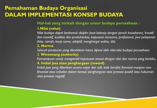 Pemahaman Budaya Organisasi
DALAM IMPLEMENTASI KONSEP BUDAYA
Hal-hal yang terkait dengan unsur budaya perusahaan :
1.Nilai (value)
Nilai budaya dapat berbentuk disiplin (taat bekerja dengan penuh kesadaran), kreatif
dan inovatif, kualitas dan produktivitas, kepuasan bersama, profesional, jiwa pelayanan
iklas, ramah, kerja sama, adaptif, menghargai waktu, dsb.
2. Norma
Seluruh peraturan yang diterbitkan harus dijiwai oleh nilai-nilai budaya perusahaan.
3. Wewenang (authority)
Kemampuan untuk mengambil keputusan sesuai dengan nilai dan norma yang berlaku.
4. Imbal jasa atau penghargaan (reward)
Imbal jasa yang diberikan secara wajar dan adil, baik bersifat finansial maupun non-
finansial atau imbalan dalam bentuk penghargaan atas prestasi positif atau hukuman
atas prestasi negatif.
 