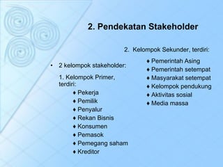 2 . Pendekatan Stakeholder 2 kelompok stakeholder: 1. Kelompok Primer ,  terdiri : ♦  Pekerja  ♦  Pemilik ♦  Penyalur  ♦  Rekan Bisnis ♦  Konsumen ♦  Pemasok  ♦  Pemegang saham ♦  Kreditor   2.  Kelompok Sekunder ,  terdiri : ♦  Pemerintah Asing  ♦  Pemerintah setempat ♦  Masyarakat setempat ♦  Kelompok pendukung ♦  Aktivitas sosial ♦  Media  massa 