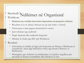 Ndikimet në Organizatë• Shembulli 2
• Worldcom
• Drejtoret me vetëdije kanë rritur shpenzimet në pasqyrën e bilancit
• Rezultate të jo të sakta(e shkruar ajo që nuk është e vërtetë)
• Ekstra para u janë paguar menaxherëve senior
• Janë mbuluar nga auditorët
• Prapë drejtorët dhe auditorët burgosën
• Dënime të rënda nga SEC për Worldcom
• Rezultati
• Ndryshime të mëdha në ligjet për korporata në Shtetet e Bashkuara të
Amerikës(U shtua ligji Sarbannes Oxley nga Senati I Shteteve te
Bashkuara)!
• Shtrëngime apo kufizime të rëndësishme sa I përket rregullave për
qeverisje të firmave kontabiliste dhe klientëve të tyre
 