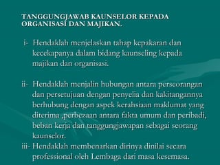 TANGGUNGJAWAB KAUNSELOR KEPADATANGGUNGJAWAB KAUNSELOR KEPADA
ORGANISASI DAN MAJIKAN.ORGANISASI DAN MAJIKAN.
i- Hendaklah menjelaskan tahap kepakaran dani- Hendaklah menjelaskan tahap kepakaran dan
kecekapanya dalam bidang kaunseling kepadakecekapanya dalam bidang kaunseling kepada
majikan dan organisasi.majikan dan organisasi.
ii- Hendaklah menjalin hubungan antara perseoranganii- Hendaklah menjalin hubungan antara perseorangan
dan persetujuan dengan penyelia dan kakitangannyadan persetujuan dengan penyelia dan kakitangannya
berhubung dengan aspek kerahsiaan maklumat yangberhubung dengan aspek kerahsiaan maklumat yang
diterima ,perbezaan antara fakta umum dan peribadi,diterima ,perbezaan antara fakta umum dan peribadi,
beban kerja dan tanggungjawapan sebagai seorangbeban kerja dan tanggungjawapan sebagai seorang
kaunselor.kaunselor.
iii- Hendaklah membenarkan dirinya dinilai secaraiii- Hendaklah membenarkan dirinya dinilai secara
professional oleh Lembaga dari masa kesemasa.professional oleh Lembaga dari masa kesemasa.
 