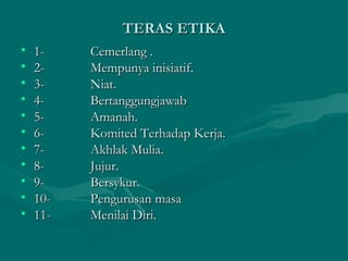 TERAS ETIKATERAS ETIKA
• 1-1- Cemerlang .Cemerlang .
• 2-2- Mempunya inisiatif.Mempunya inisiatif.
• 3-3- Niat.Niat.
• 4-4- BertanggungjawabBertanggungjawab
• 5-5- Amanah.Amanah.
• 6-6- Komited Terhadap Kerja.Komited Terhadap Kerja.
• 7-7- Akhlak Mulia.Akhlak Mulia.
• 8-8- Jujur.Jujur.
• 9-9- Bersykur.Bersykur.
• 10-10- Pengurusan masaPengurusan masa
• 11-11- Menilai Diri.Menilai Diri.
 