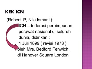 (Robert P, Nila Ismani )
ICN = federasi perhimpunan
perawat nasional di seluruh
dunia, didirikan :
1 Juli 1899 ( revisi 1973 ),
oleh Mrs. Bedford Fenwich,
di Hanover Square London
 