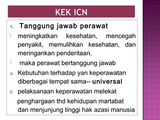 1. Tanggung jawab perawat
 meningkatkan kesehatan, mencegah
penyakit, memulihkan kesehatan, dan
meringankan penderitaan.
 maka perawat bertanggung jawab
a. Kebutuhan terhadap yan keperawatan
diberbagai tempat sama-- universal
b. pelaksanaan keperawatan melekat
penghargaan thd kehidupan martabat
dan menjunjung tinggi hak azasi manusia
 
