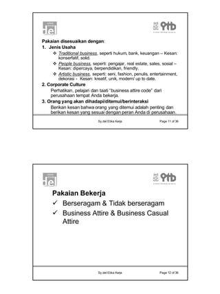 6
Sy.del Etika Kerja Page 11 of 36
Pakaian disesuaikan dengan:
1. Jenis Usaha
v Traditional business, seperti hukum, bank, keuangan – Kesan:
konserfatif, solid.
v People business, seperti: pengajar, real estate, sales, sosial –
Kesan: dipercaya, berpendidikan, friendly.
v Artistic business, seperti: seni, fashion, penulis, entertainment,
dekorasi - Kesan: kreatif, unik, modern/ up to date.
2. Corporate Culture
Perhatikan, pelajari dan taati “business attire code” dari
perusahaan tempat Anda bekerja.
3. Orang yang akan dihadapi/ditemui/berinteraksi
Berikan kesan bahwa orang yang ditemui adalah penting dan
berikan kesan yang sesuai dengan peran Anda di perusahaan.
Sy.del Etika Kerja Page 12 of 36
Pakaian Bekerja
ü Berseragam & Tidak berseragam
ü Business Attire & Business Casual
Attire
 