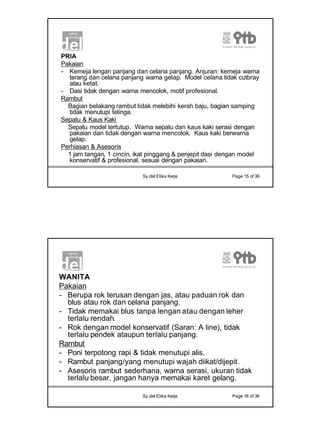 8
Sy.del Etika Kerja Page 15 of 36
PRIA
Pakaian
- Kemeja lengan panjang dan celana panjang. Anjuran: kemeja warna
terang dan celana panjang warna gelap. Model celana tidak cutbray
atau ketat.
- Dasi tidak dengan warna mencolok, motif profesional.
Rambut
Bagian belakang rambut tidak melebihi kerah baju, bagian samping
tidak menutupi telinga.
Sepatu & Kaus Kaki
Sepatu model tertutup. Warna sepatu dan kaus kaki serasi dengan
pakaian dan tidak dengan warna mencolok. Kaus kaki berwarna
gelap.
Perhiasan & Asesoris
1 jam tangan, 1 cincin, ikat pinggang & penjepit dasi dengan model
konservatif & profesional, sesuai dengan pakaian.
Sy.del Etika Kerja Page 16 of 36
WANITA
Pakaian
- Berupa rok terusan dengan jas, atau paduan rok dan
blus atau rok dan celana panjang.
- Tidak memakai blus tanpa lengan atau dengan leher
terlalu rendah.
- Rok dengan model konservatif (Saran: A line), tidak
terlalu pendek ataupun terlalu panjang.
Rambut
- Poni terpotong rapi & tidak menutupi alis.
- Rambut panjang/yang menutupi wajah diikat/dijepit.
- Asesoris rambut sederhana, warna serasi, ukuran tidak
terlalu besar, jangan hanya memakai karet gelang.
 