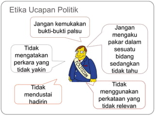 Etika Ucapan Politik
       Jangan kemukakan
                                   Jangan
        bukti-bukti palsu
                                 mengaku
                               pakar dalam
     Tidak                         sesuatu
 mengatakan                        bidang
 perkara yang                   sedangkan
  tidak yakin                    tidak tahu

                                 Tidak
      Tidak
                             menggunakan
    mendustai
                            perkataan yang
     hadirin
                             tidak relevan
 