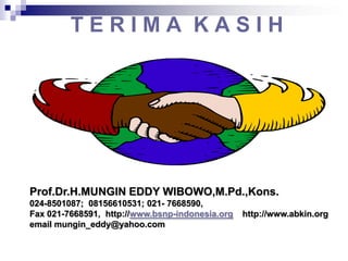 T E R I M A K A S I H
Prof.Dr.H.MUNGIN EDDY WIBOWO,M.Pd.,Kons.
024-8501087; 08156610531; 021- 7668590,
Fax 021-7668591, http://www.bsnp-indonesia.org http://www.abkin.org
email mungin_eddy@yahoo.com
 
