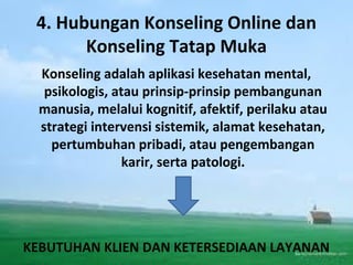4. Hubungan Konseling Online dan
Konseling Tatap Muka
Konseling adalah aplikasi kesehatan mental,
psikologis, atau prinsip-prinsip pembangunan
manusia, melalui kognitif, afektif, perilaku atau
strategi intervensi sistemik, alamat kesehatan,
pertumbuhan pribadi, atau pengembangan
karir, serta patologi.
KEBUTUHAN KLIEN DAN KETERSEDIAAN LAYANAN
 