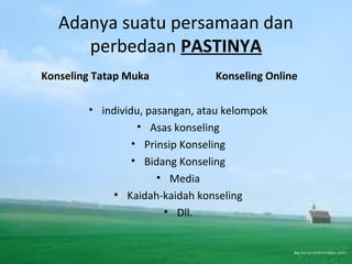Adanya suatu persamaan dan
perbedaan PASTINYA
Konseling Tatap Muka Konseling Online
• individu, pasangan, atau kelompok
• Asas konseling
• Prinsip Konseling
• Bidang Konseling
• Media
• Kaidah-kaidah konseling
• Dll.
 