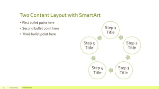 Two Content Layout with SmartArt
• First bullet point here
• Second bullet point here
• Third bullet point here
9 10/24/2019 Add a footer
Step 1
Title
Step 2
Title
Step 3
Title
Step 4
Title
Step 5
Title
 